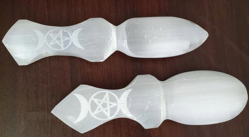 Selenite Altar Athame 8" - Triple Moon Pentagram Carved-Earth Fairy Holistics