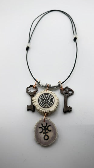 Hecate Deer Antler Bone Carved Symbols with Keys Necklace