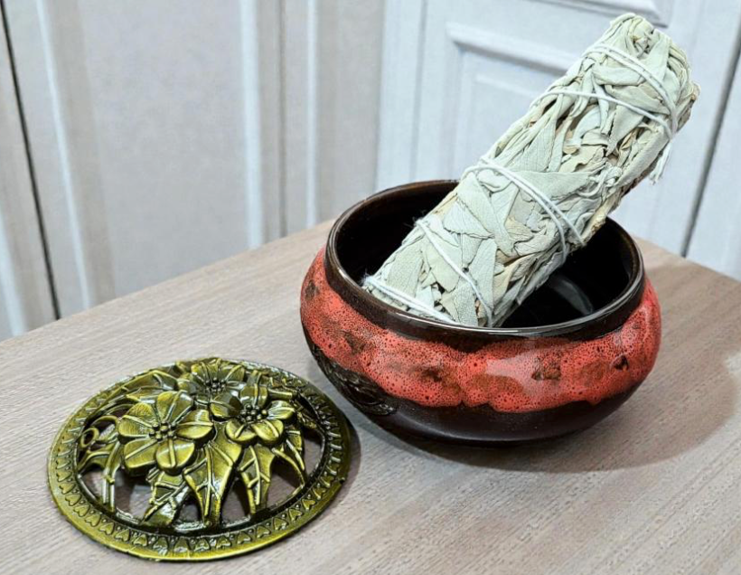Lava Colored Ceramic Incense Burner Bowl with Floral Lid-Earth Fairy Holistics