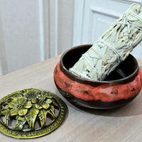 Lava Colored Ceramic Incense Burner Bowl with Floral Lid-Earth Fairy Holistics