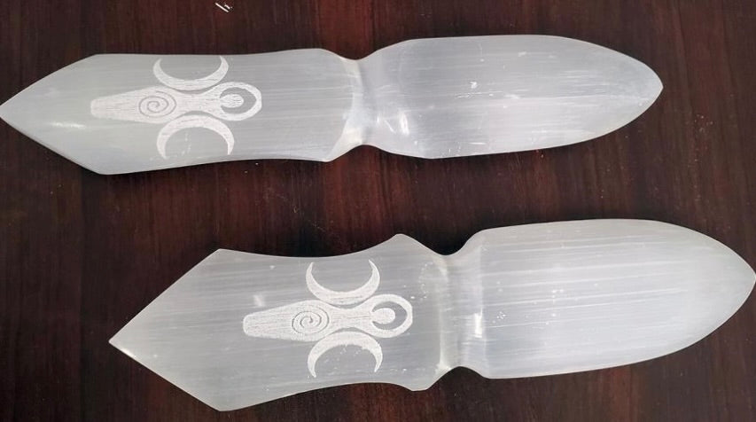 Selenite Altar Athame 8" - Goddess Carved-Earth Fairy Holistics