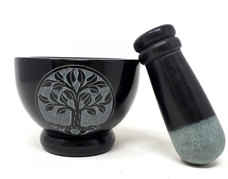 Tree of Life Carved Black Soapstone Mortar & Pestle 3" H x 4" W-Earth Fairy Holistics