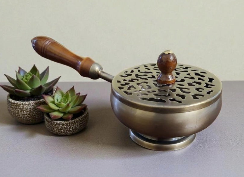 Bronze Finish Metal Charcoal Burner with Lid & Wooden Handle (9 in)-Earth Fairy Holistics