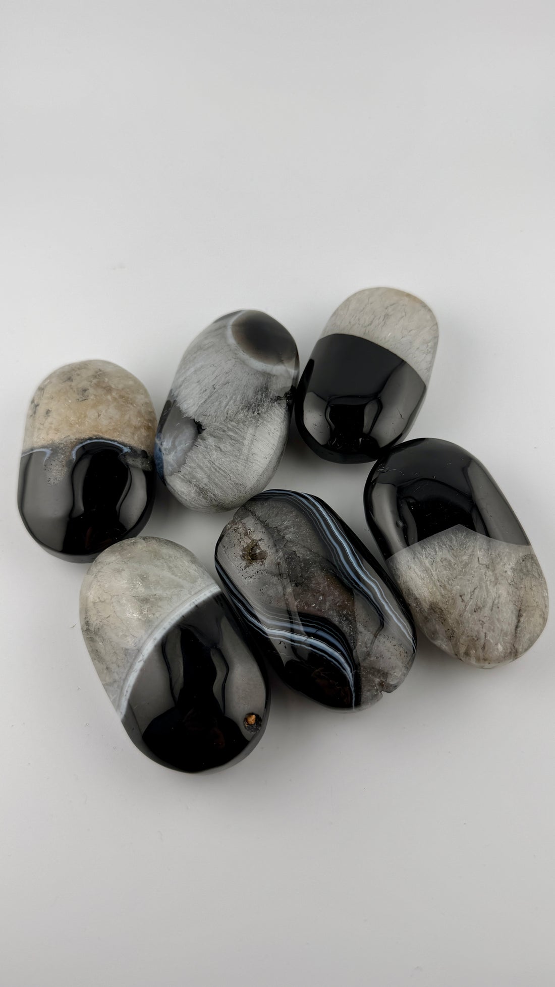Black Stripe Agate with Mixed Quartz Palm Stones