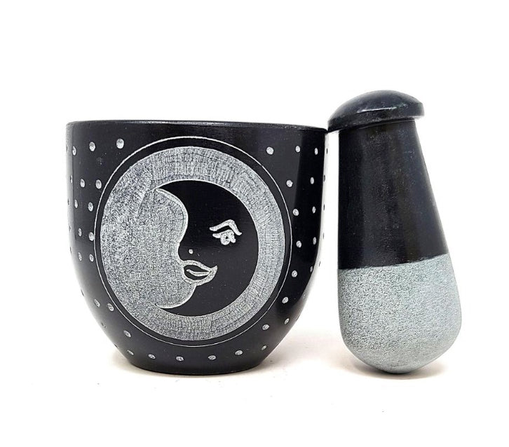 Moon Carved Black Soapstone Mortar & Pestle 3"W x 3"H-Earth Fairy Holistics