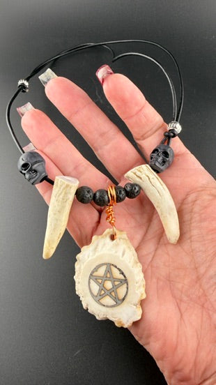 Pentacle Deer Antler Bone Carved Necklace
