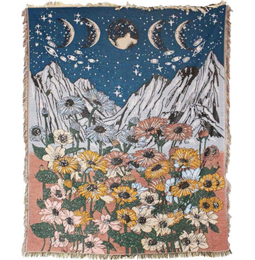 Sunflower & Moon Phases Cotton Heavy Beach Throw w/ Fringe & Straps-Earth Fairy Holistics
