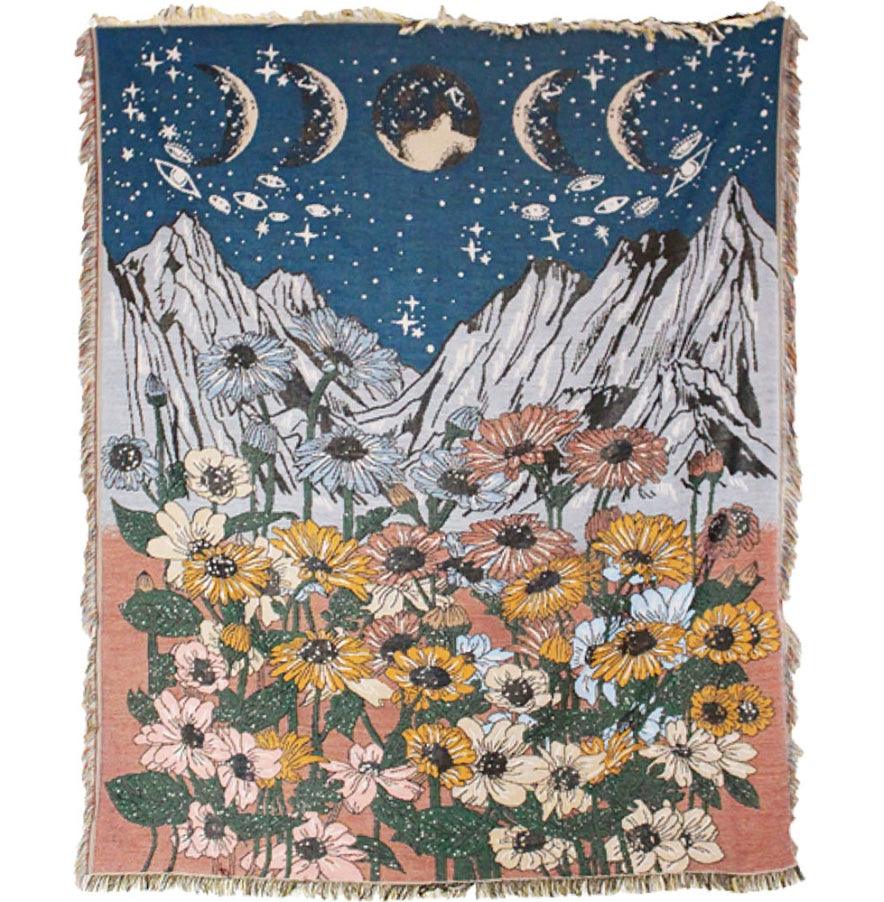 Sunflower & Moon Phases Cotton Heavy Beach Throw w/ Fringe & Straps-Earth Fairy Holistics