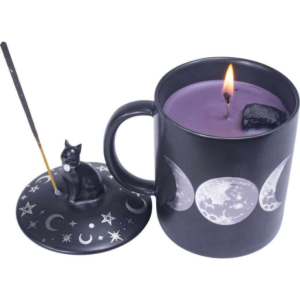 3 in 1 Ceramic Mug Candle & Incense - Moon Phases Design-Earth Fairy Holistics