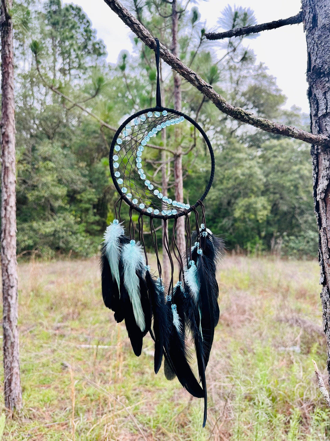 Medium Wall Hanging Crescent Moon Dream Catcher with Black & Light Blue Feathers, Modern Boho Style Home Decor - Quick Ship!-Earth Fairy Holistics