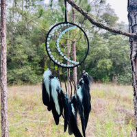 Medium Wall Hanging Crescent Moon Dream Catcher with Black & Light Blue Feathers, Modern Boho Style Home Decor - Quick Ship!-Earth Fairy Holistics