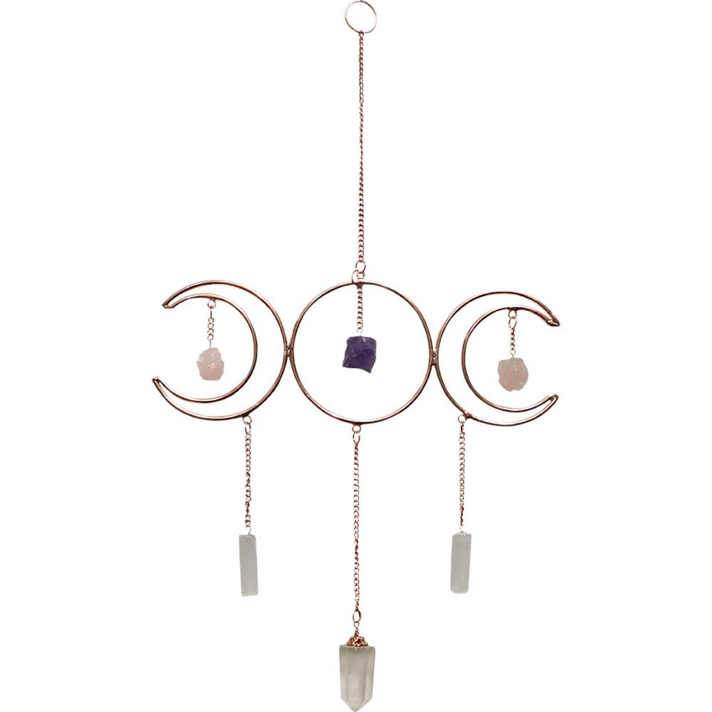 Metal Wall Hanging Triple Moon w/ Crystal Point & Gemstones-Earth Fairy Holistics