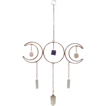 Metal Wall Hanging Triple Moon w/ Crystal Point & Gemstones-Earth Fairy Holistics