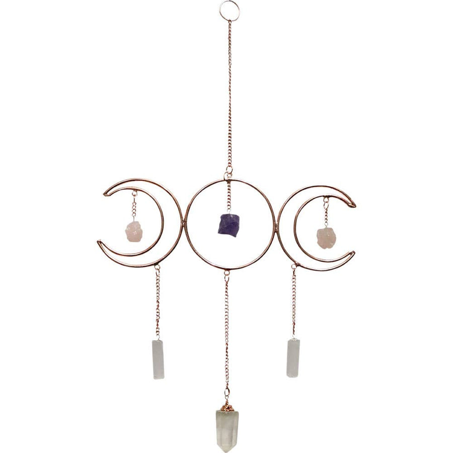 Metal Wall Hanging Triple Moon w/ Crystal Point & Gemstones-Earth Fairy Holistics