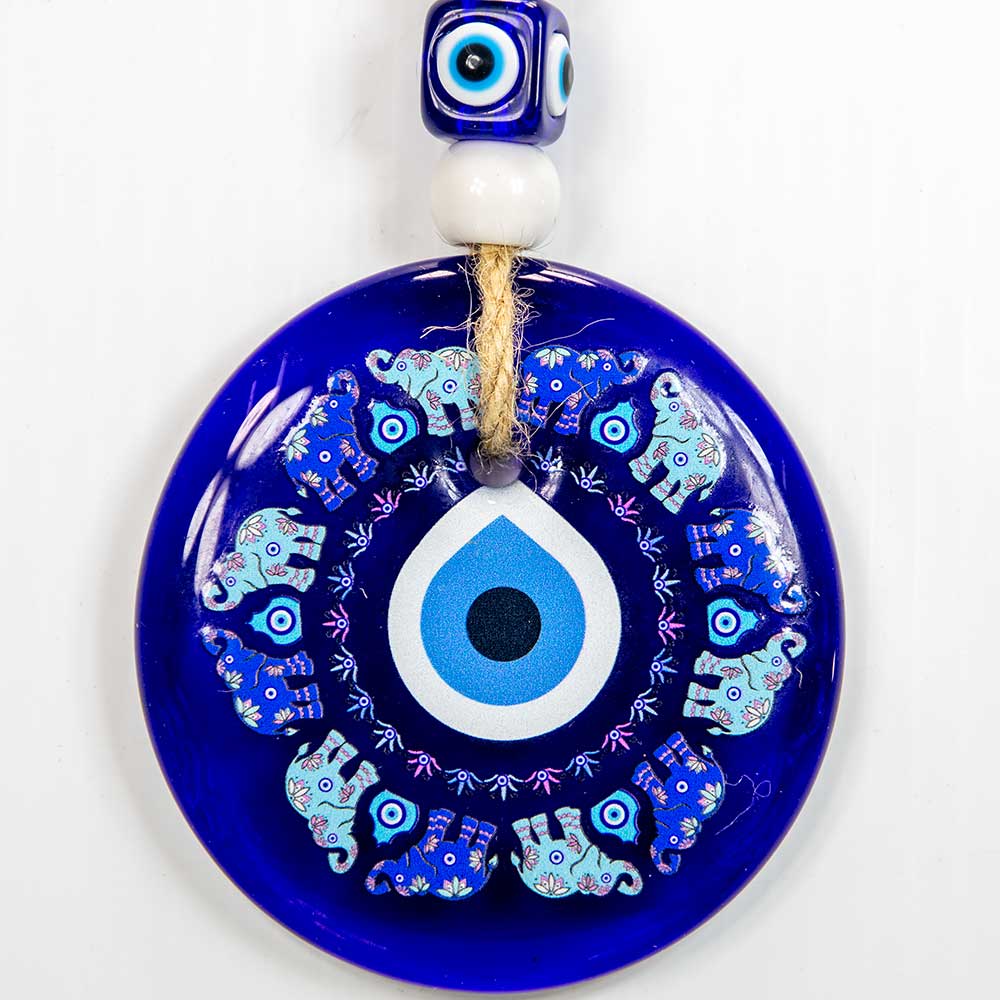 Glass Evil Eye Wall Hanging Talisman Circle of Elephants-Earth Fairy Holistics