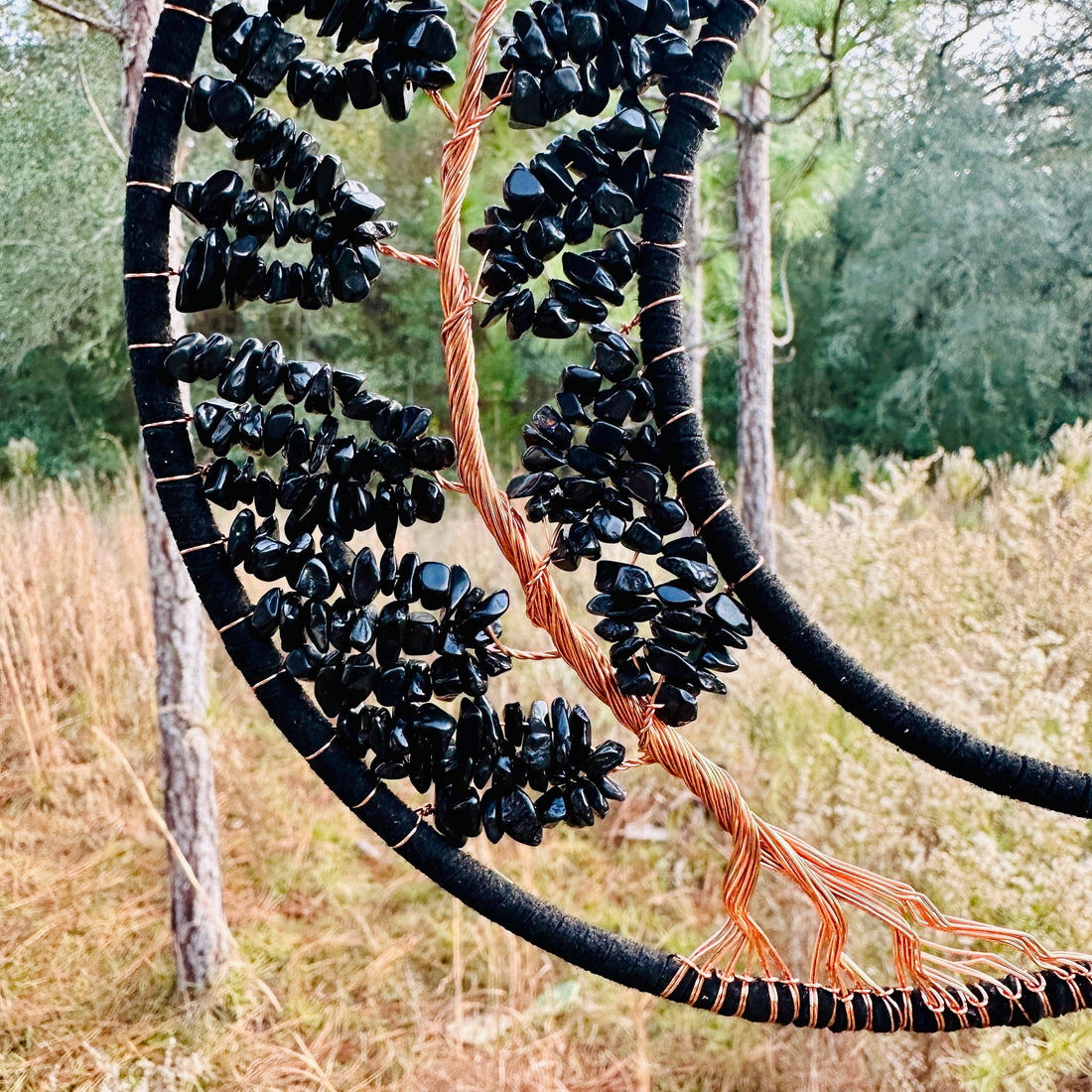 Medium Wall Hanging Crescent Moon Dream Catcher with Black Obsidian Stones & Hanging Stone Charm Blacked Out Modern Home Decor Tree of Life-Earth Fairy Holistics
