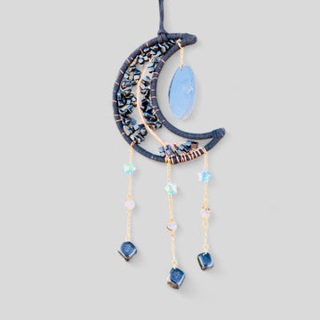 Black Crescent Moon Dreamcatcher Suncatcher Black Obsidian with Hanging Sliced Agate & Hanging Jewel Charms - Window Hanging or Wall Hanging-Earth Fairy Holistics