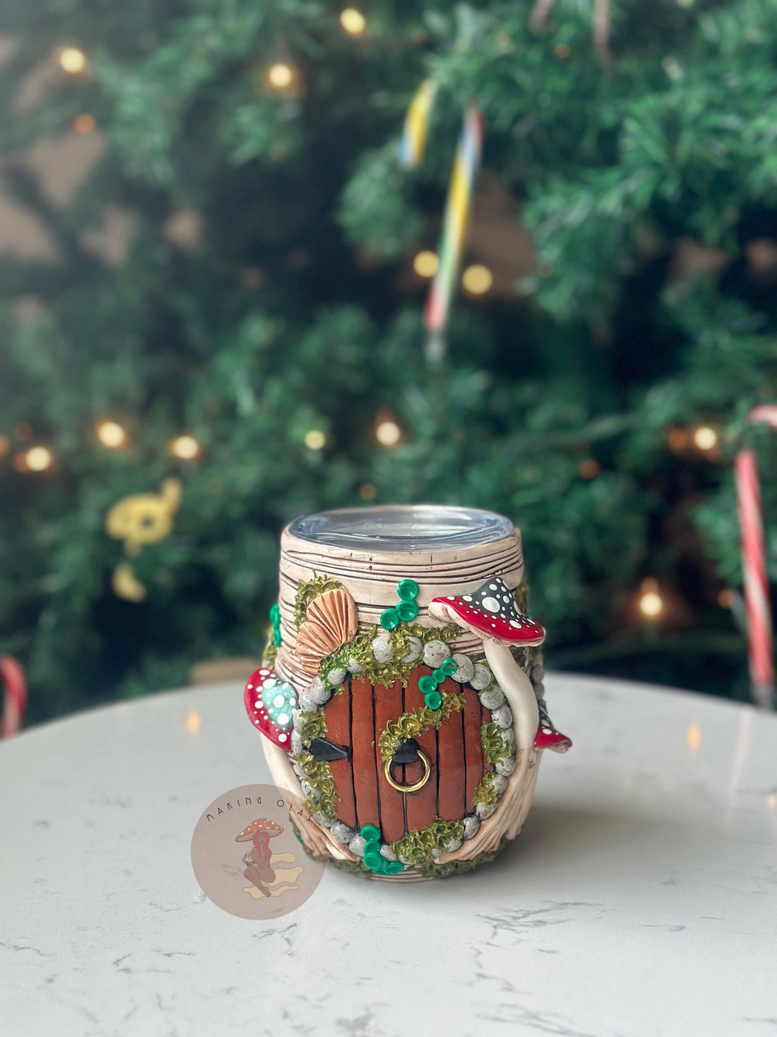 Hobbit Hole Red Ombré Mushrooms White Wood Tumbler-Earth Fairy Holistics