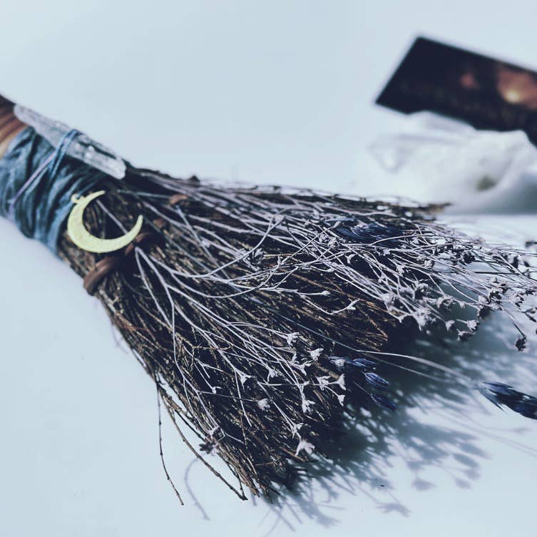 MOON BESOM BROOM + CLEAR QUARTZ CRYSTAL + UNSCENTED-Earth Fairy Holistics