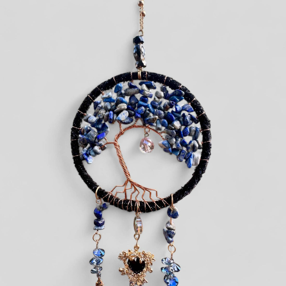 Medium Blue/Black Tree of Life Dreamcatcher with Black Heart Charm - Lapis Lazuli- Rearview Mirror Hanging or Wall Hanging - Quick Ship!-Earth Fairy Holistics