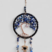 Medium Blue/Black Tree of Life Dreamcatcher with Black Heart Charm - Lapis Lazuli- Rearview Mirror Hanging or Wall Hanging - Quick Ship!-Earth Fairy Holistics