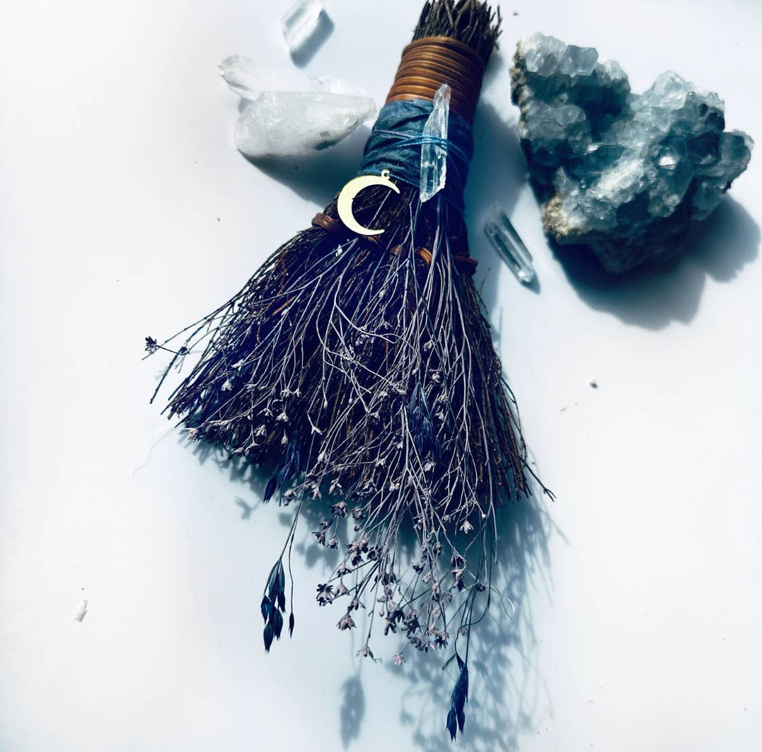 MOON BESOM BROOM + CLEAR QUARTZ CRYSTAL + UNSCENTED-Earth Fairy Holistics