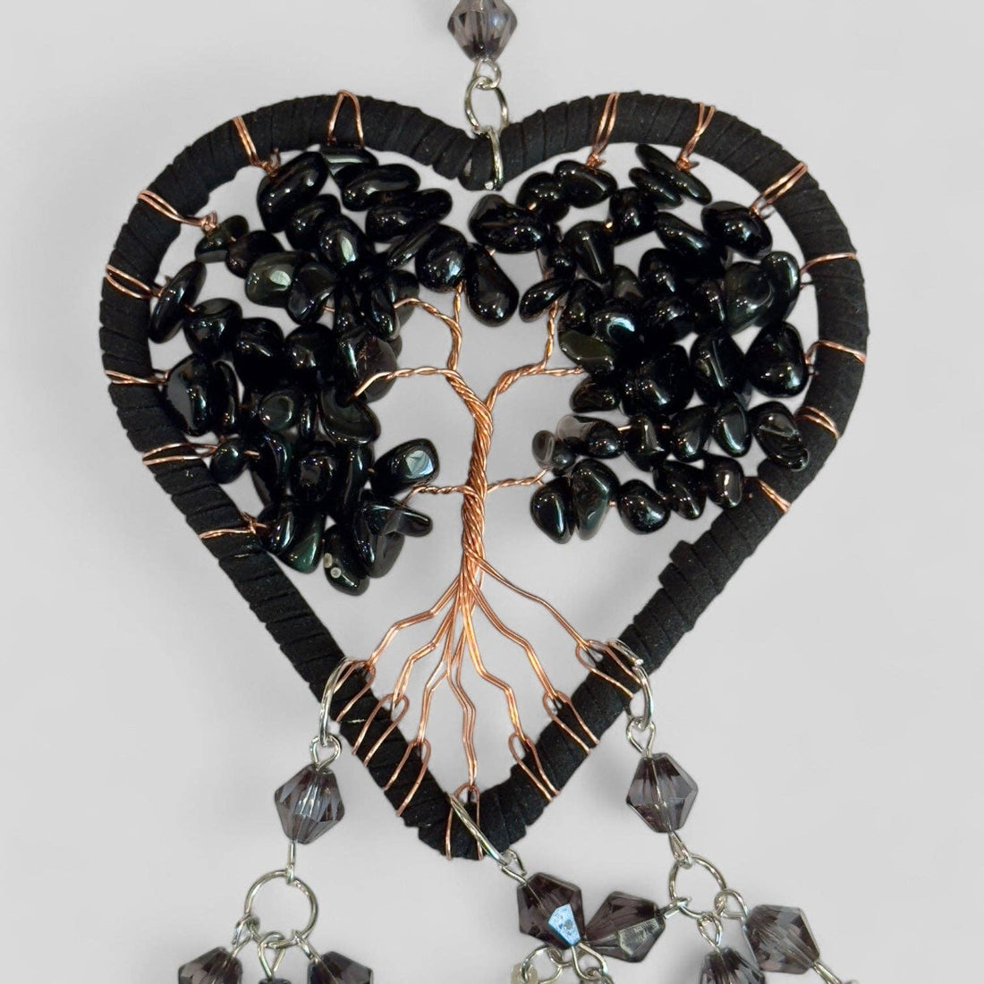 Handmade Black Heart Shape Tree of Life Dreamcatcher with Black Feathers - Black Obsidian Rearview Mirror Hanging or Wall Hanging-Earth Fairy Holistics