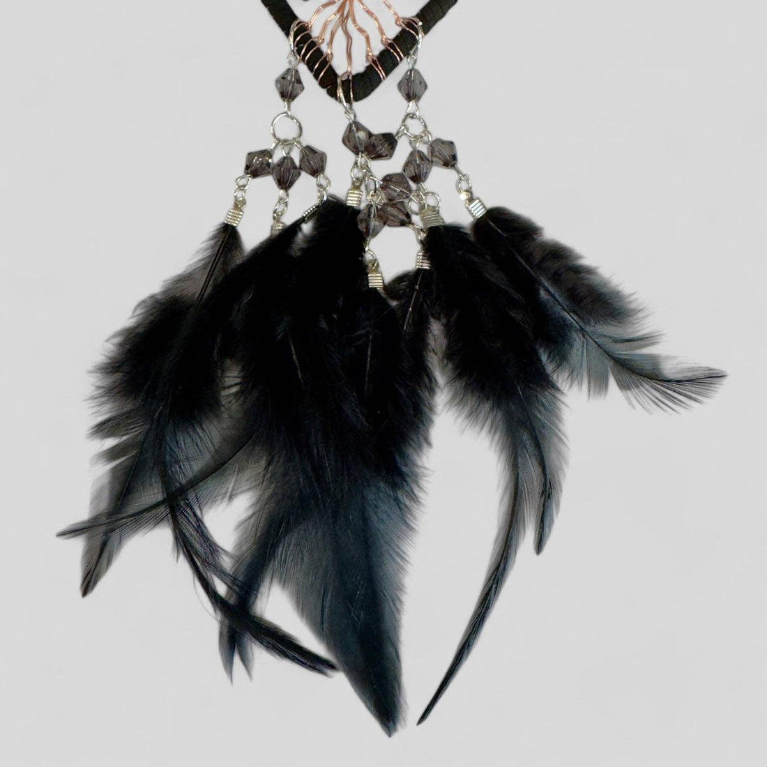 Handmade Black Heart Shape Tree of Life Dreamcatcher with Black Feathers - Black Obsidian Rearview Mirror Hanging or Wall Hanging-Earth Fairy Holistics