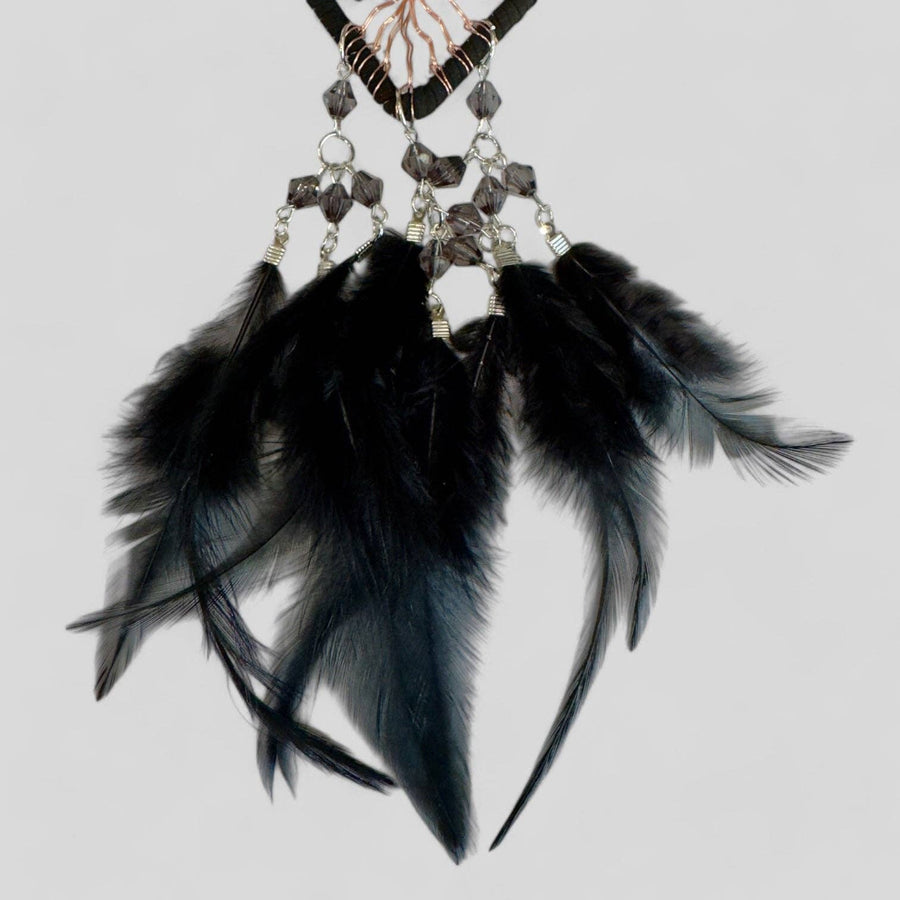 Handmade Black Heart Shape Tree of Life Dreamcatcher with Black Feathers - Black Obsidian Rearview Mirror Hanging or Wall Hanging-Earth Fairy Holistics