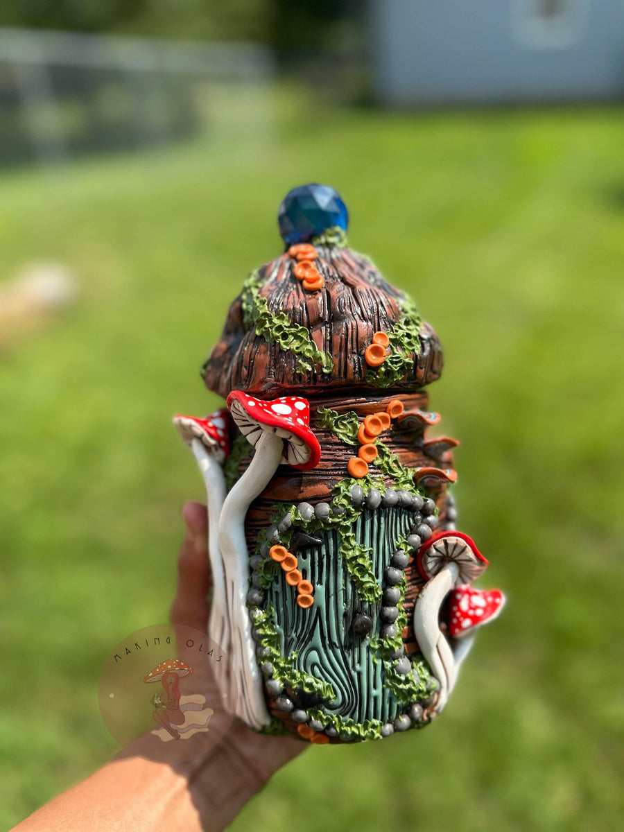 Jar | Blue Suncatcher + Red Mushrooms Fairy House-Earth Fairy Holistics