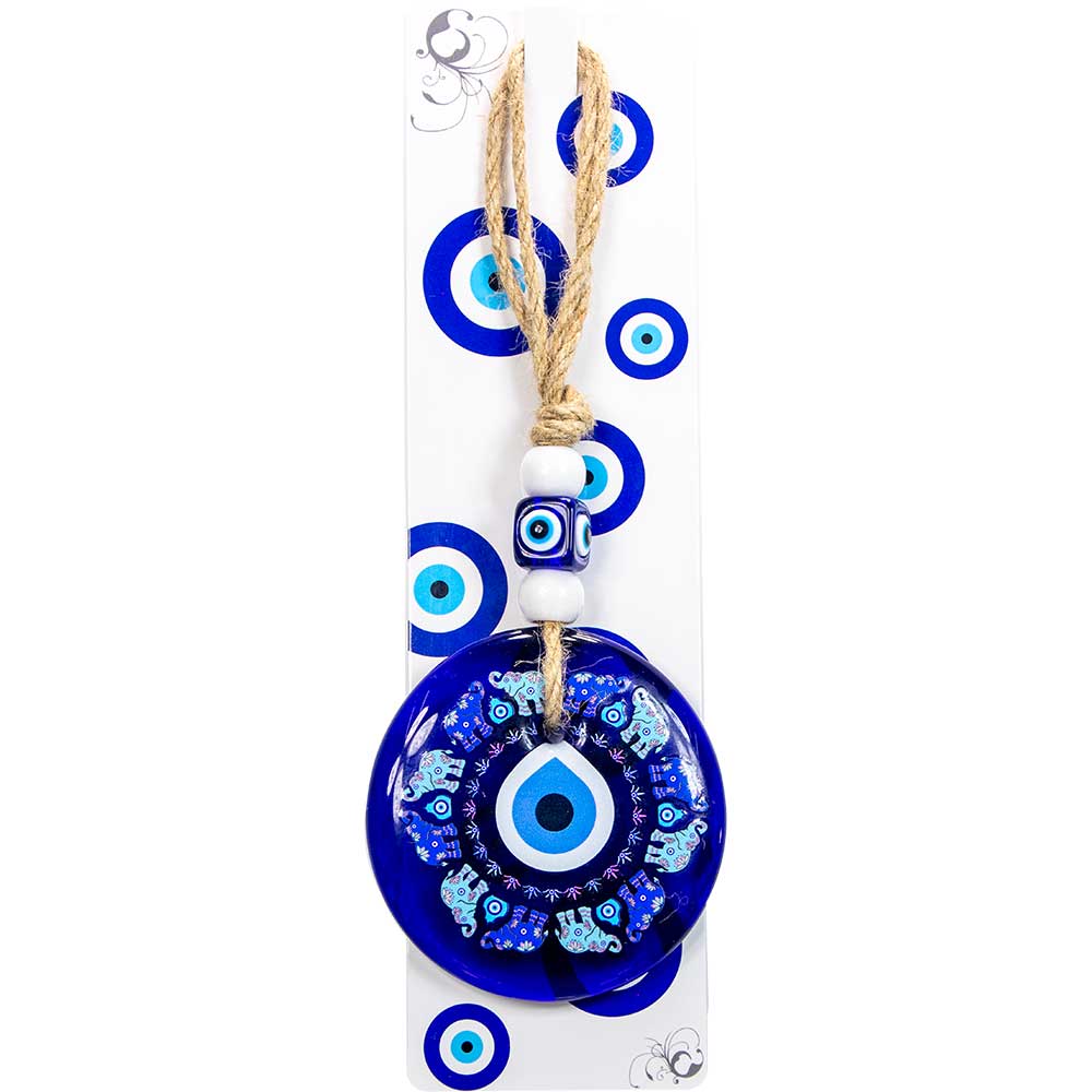 Glass Evil Eye Wall Hanging Talisman Circle of Elephants-Earth Fairy Holistics