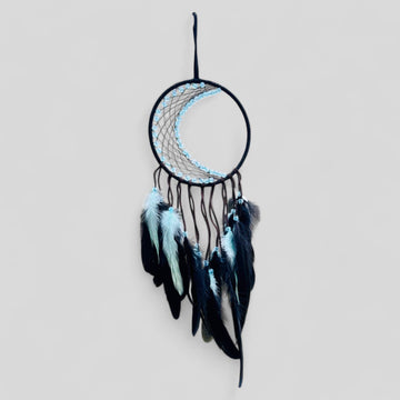 Medium Wall Hanging Crescent Moon Dream Catcher with Black & Light Blue Feathers, Modern Boho Style Home Decor - Quick Ship!-Earth Fairy Holistics