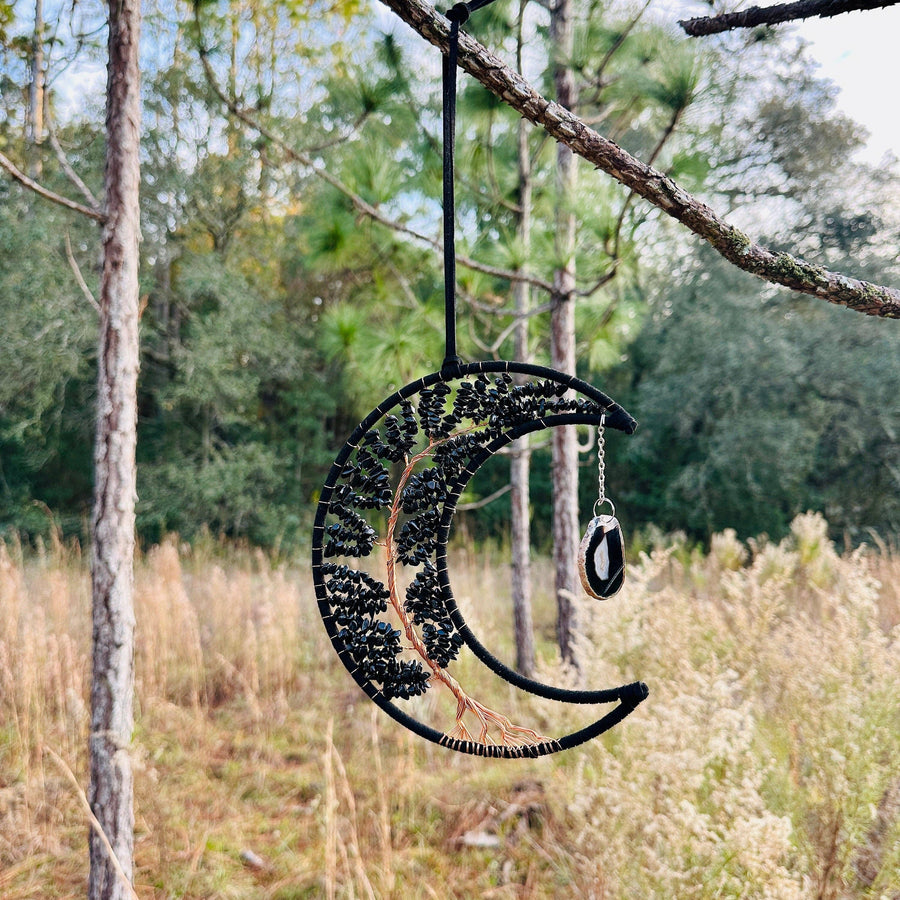 Medium Wall Hanging Crescent Moon Dream Catcher with Black Obsidian Stones & Hanging Stone Charm Blacked Out Modern Home Decor Tree of Life-Earth Fairy Holistics