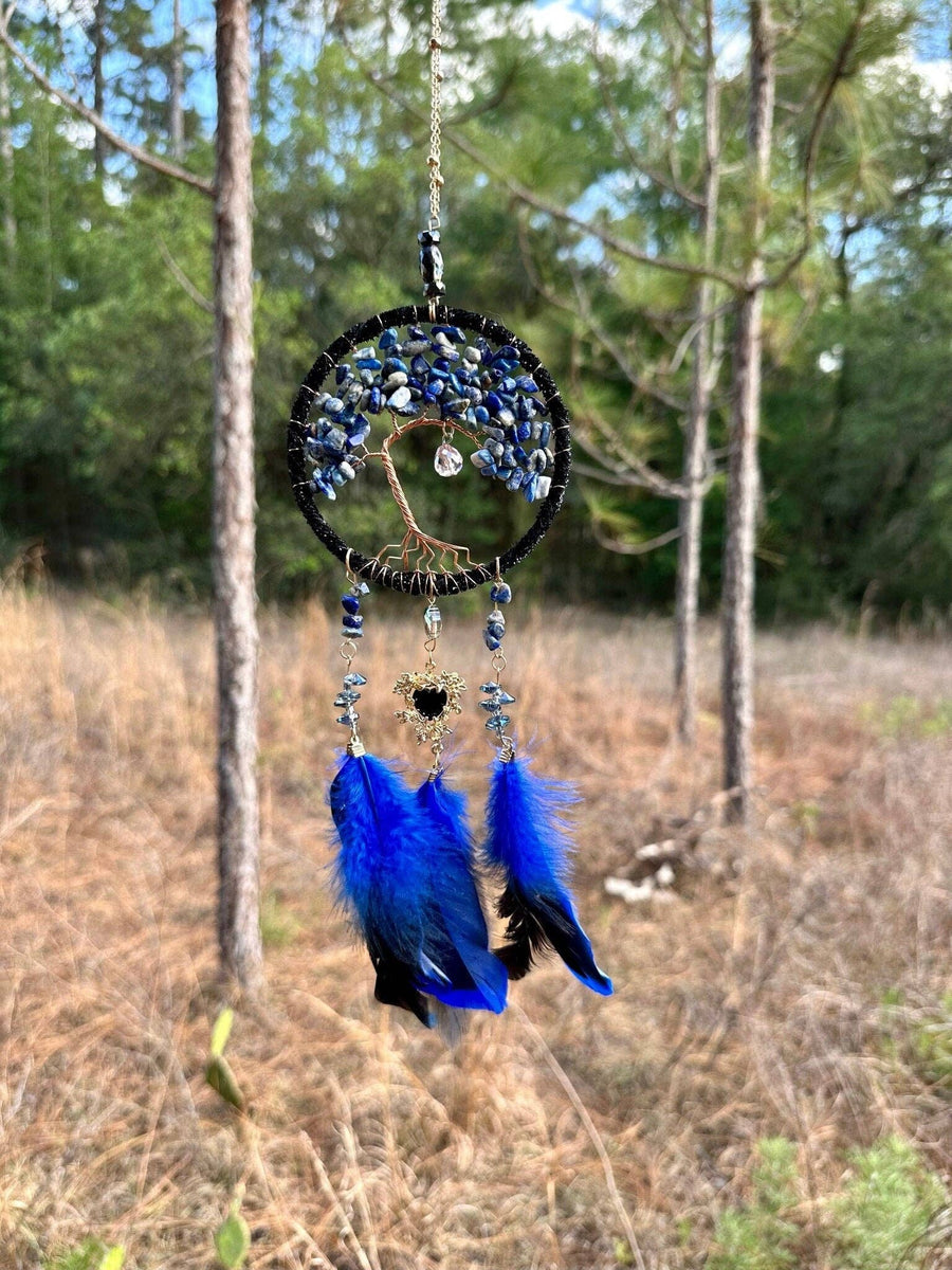 Medium Blue/Black Tree of Life Dreamcatcher with Black Heart Charm - Lapis Lazuli- Rearview Mirror Hanging or Wall Hanging - Quick Ship!-Earth Fairy Holistics