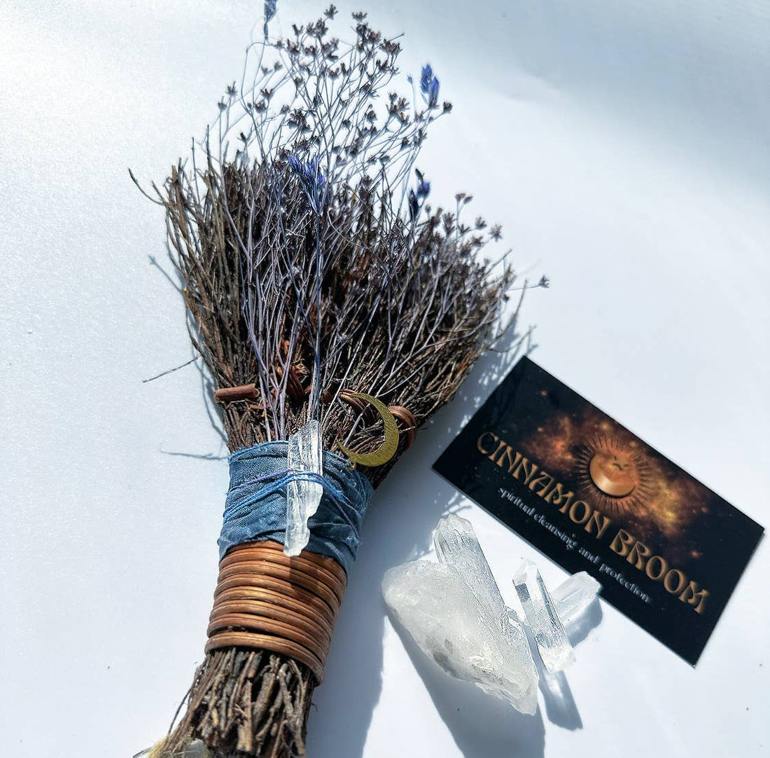 MOON BESOM BROOM + CLEAR QUARTZ CRYSTAL + UNSCENTED-Earth Fairy Holistics