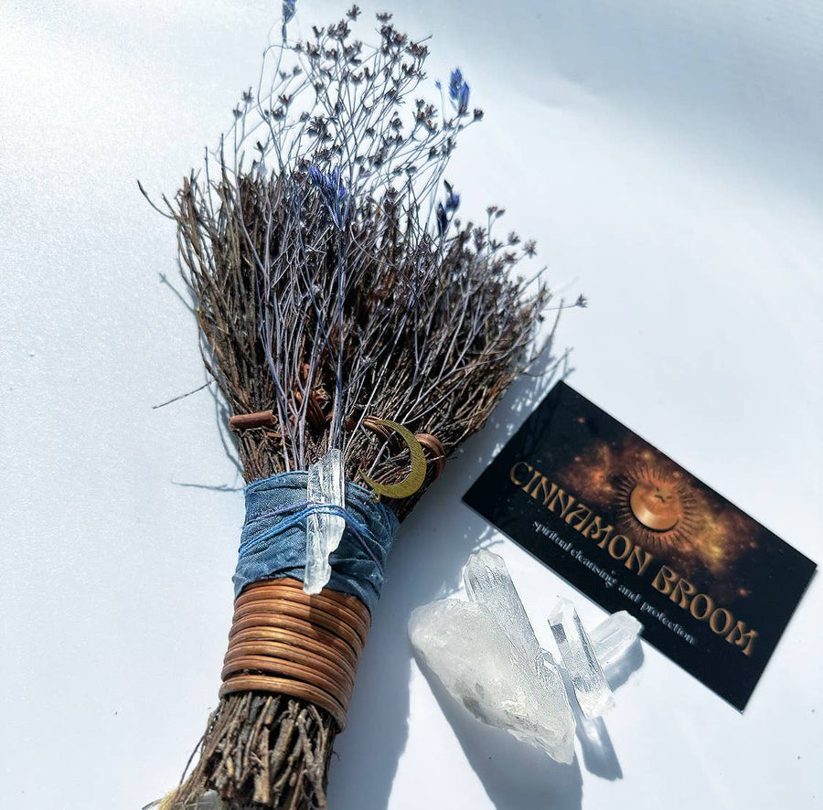 MOON BESOM BROOM + CLEAR QUARTZ CRYSTAL + UNSCENTED-Earth Fairy Holistics