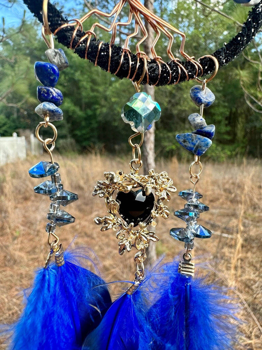 Medium Blue/Black Tree of Life Dreamcatcher with Black Heart Charm - Lapis Lazuli- Rearview Mirror Hanging or Wall Hanging - Quick Ship!-Earth Fairy Holistics